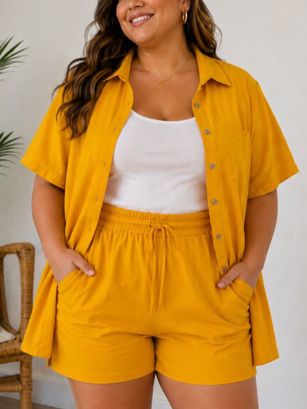 Women's XXL 2 Piece Top & Shorts Set Mustard Yellow Crinkle Textured Outfit
